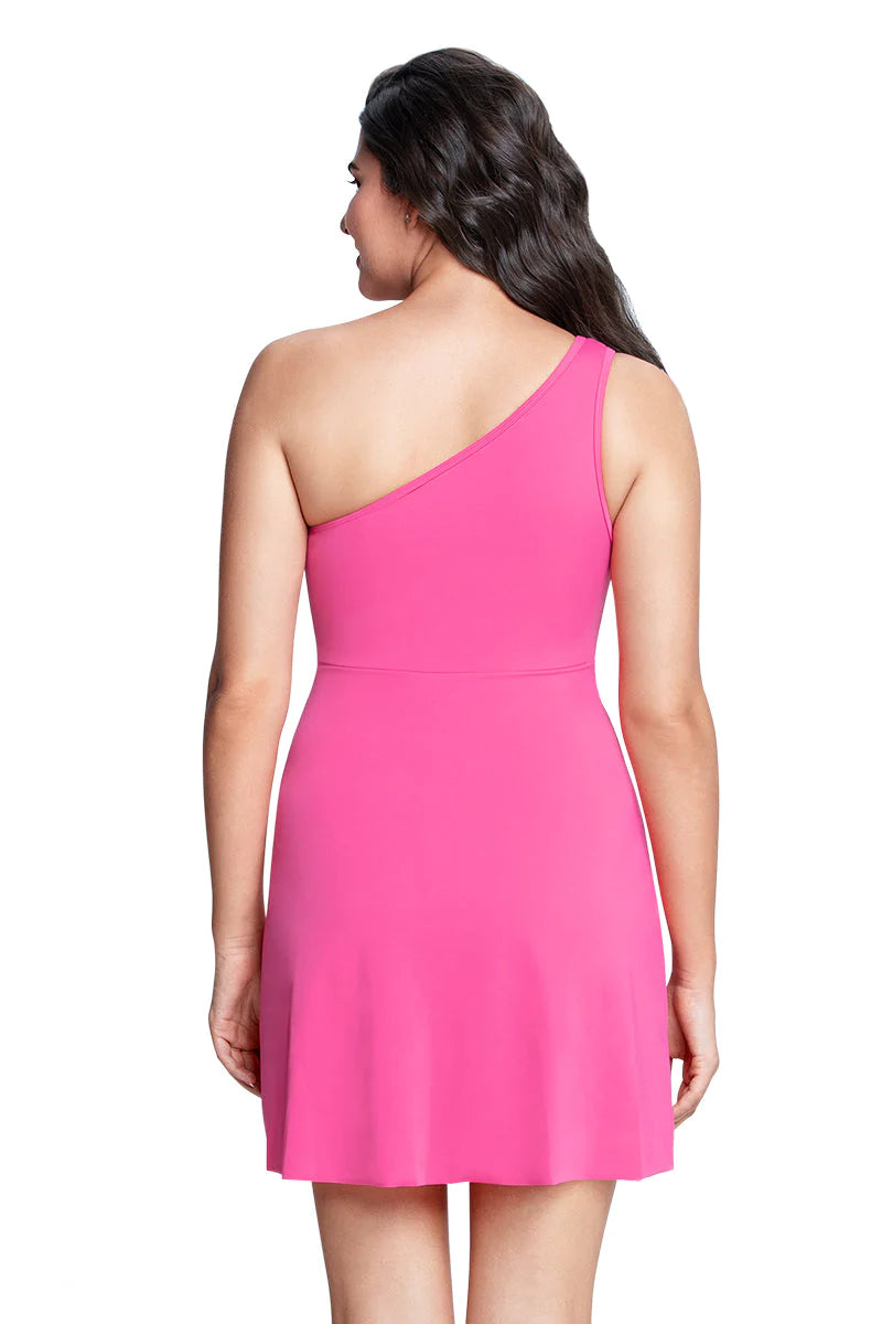 Amante One Shoulder Neck Padded Swim Dress - Fandango Pink