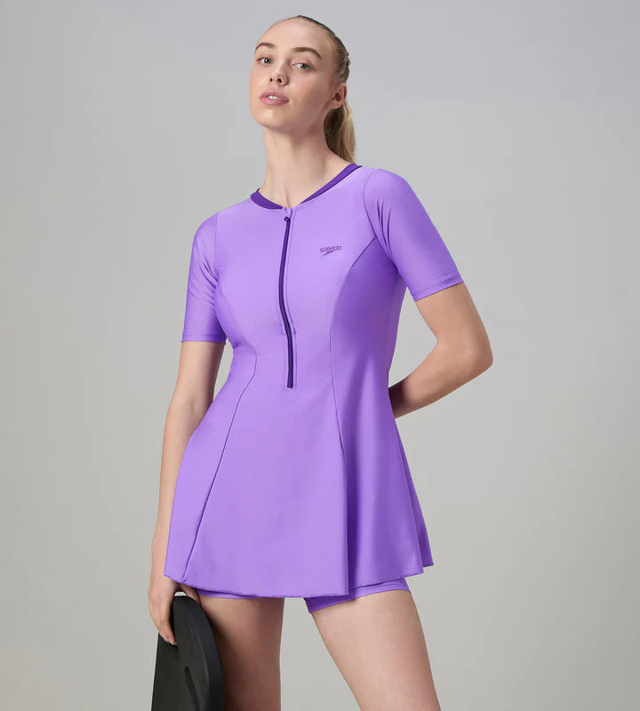 Women's Endurabrite Short Sleeve Closedback Swimdress With Boyleg - Purple Mist &amp; Tillandsia Purple