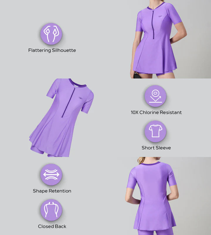 Women's Endurabrite Short Sleeve Closedback Swimdress With Boyleg - Purple Mist &amp; Tillandsia Purple