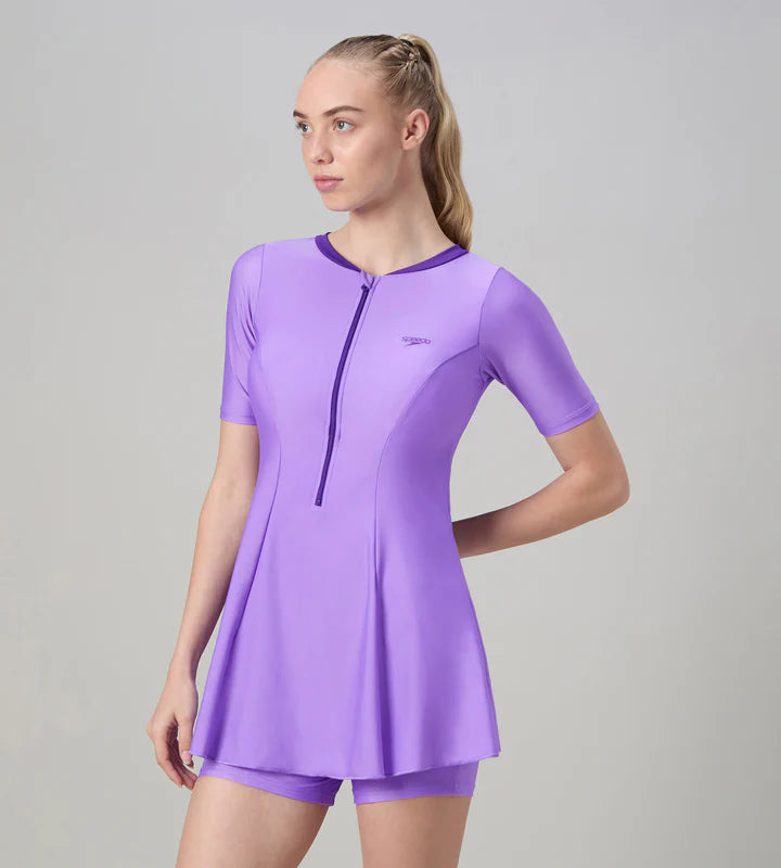 Women's Endurabrite Short Sleeve Closedback Swimdress With Boyleg - Purple Mist &amp; Tillandsia Purple