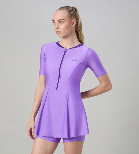 Women's Endurabrite Short Sleeve Closedback Swimdress With Boyleg - Purple Mist &amp; Tillandsia Purple