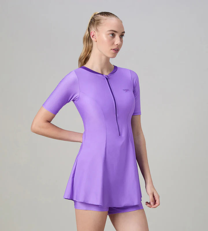 Women's Endurabrite Short Sleeve Closedback Swimdress With Boyleg - Purple Mist &amp; Tillandsia Purple