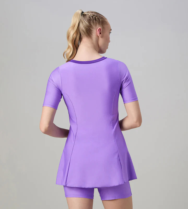 Women's Endurabrite Short Sleeve Closedback Swimdress With Boyleg - Purple Mist &amp; Tillandsia Purple
