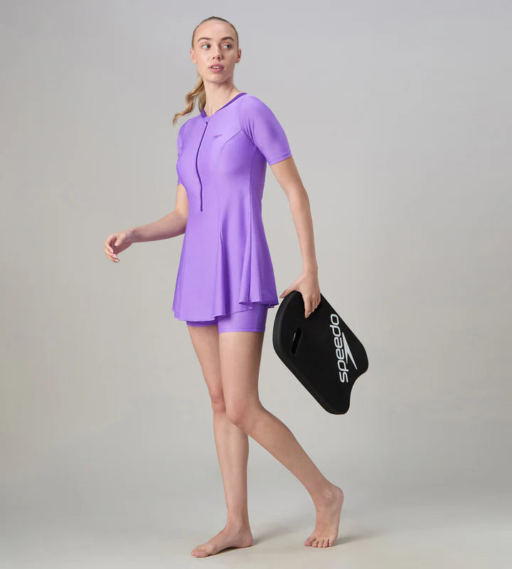 Women's Endurabrite Short Sleeve Closedback Swimdress With Boyleg - Purple Mist &amp; Tillandsia Purple