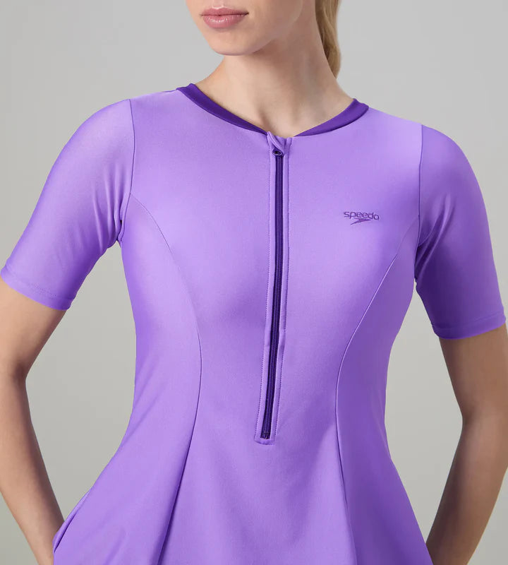 Women's Endurabrite Short Sleeve Closedback Swimdress With Boyleg - Purple Mist &amp; Tillandsia Purple