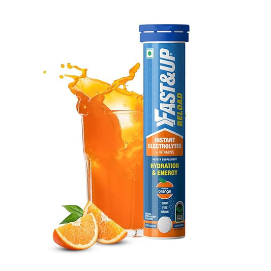 Fast&Up Reload Low Sugar energy drink for Instant Hydration - 20 Effervescent Tablets with all 5 Essential Electrolytes + Added Vitamins - Certified Electrolytes Drink - Orange flavour